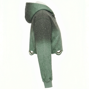 เสื้อฮู้ดดี้โอเวอร์ไซส์ผู้หญิง ผ้าฝ้ายออร์แกนิค 100% ตกแต่งด้วยคริสตัล ทรงครอป ลุควินเทจฟอกสีแบบแอซิดวอช - Product Image 4