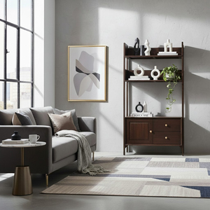 Librería Moderna de Mediados de Siglo con Gabinete y Cajones, Mueble de Almacenamiento Independiente de 3 Niveles para Sala de Estar, Color Marrón Oscuro - Product Image 4