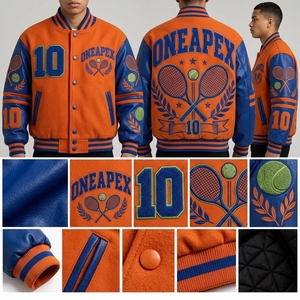 Veste de baseball pour homme, bleu et orange, en laine avec manches en cuir, design brodé, veste bomber d'équipe - Product Image 4