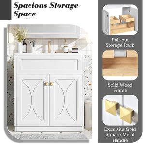 Meuble-lavabo autoportant moderne de 30 pouces avec vasque en céramique intégrée, armoire de rangement à fermeture douce et poignées dorées - Product Image 5