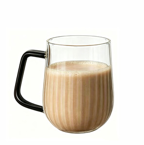 Tazza in Vetro Borosilicato Retrò da 300ml con Design a Righe, Resistente al Calore, Manico Colorato, Logo Personalizzato per Caffetterie e Bar - Product Image 1