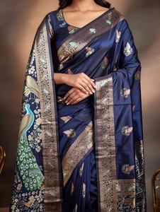 Sari en soie de style ethnique traditionnel avec tissage Zari, infroissable et à séchage rapide pour femme - Idéal pour mariage, Diwali et tenue décontractée - Product Image 5