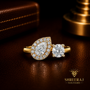 Anillo Toi Et Moi de Oro Puro de 14K con Corte Redondo Solitario y Halo, Anillo de Compromiso con Diamante Cultivado en Laboratorio con Corte Pera, Anillo de Boda de Lujo - Product Image 1