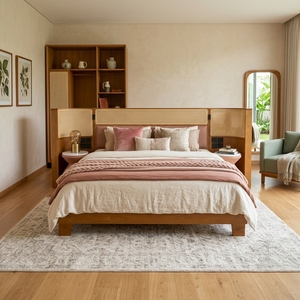 Base de Cama de Plataforma de Madera de Teca Sólida, Estilo Japandi Moderno, Tamaños King y Queen, Cabecero Tapizado, Mesitas de Noche Laterales de Ratán - Product Image 2