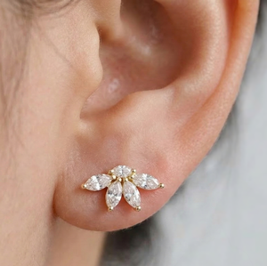 Minimalist Marquise Lab Grown Diamond Half Flower Stud Earrings 18K Solid Gold Fashion Stud Earrings Cluster Diamond Earrings - Product Image 6