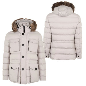 Men's Beige Down Puffer <b>Jacket</b> With Fur Hood Windproof Casual Winter Coat Regular Fit Thick Polyester Shell Single Breasted Coat - Product Image 3