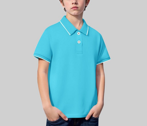 เสื้อโปโลเด็กชาย แขนสั้น ผลิตโดย OEM สำหรับเด็กอายุ 9-10 ปี ปักโลโก้ตามสั่ง ผ้าปิเก้ 50% คอตตอน/ 50% โพลีเอสเตอร์ 220 GSM - Product Image 1