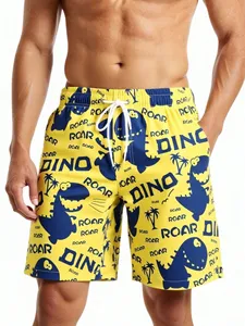 Pantalones Cortos de Playa para Hombre, Color Amarillo, Verano, Bonitos, para Vacaciones, Cintura Elástica con Cordón, Estampado de Dinosaurios, Estilo Hawaiano - Product Image 1