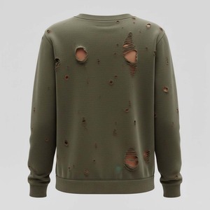 Sudadera de invierno con estampado desgastado estilo grunge Y2K, con agujeros, color verde oliva, estilo urbano, posapocalíptico - Product Image 2