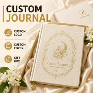 Cuaderno LABON Cream Jasmine Moon Journal con cubierta de PU y estampado dorado celestial, con puntos, logotipo personalizado, venta al por mayor, regalo estético a medida. - Product Image 1