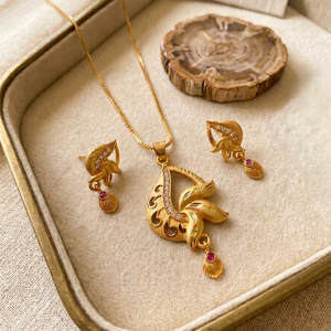 Elegant Gold Plated Floral Leaf Pendant Necklace Set with CZ Stones & <b>Red</b> <b>Drop</b> <b>Earrings</b> Jewelry set for Women - Product Image 1
