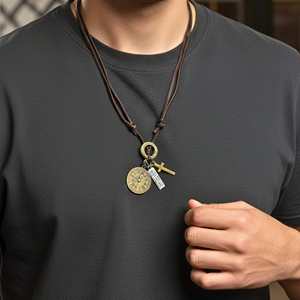 Gold Plated Stainless Steel <b>Cross</b> Number Pendant with Adjustable Leather Rope for <b>Men</b> and Boys - Product Image 1