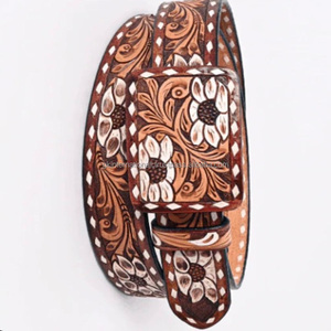 Classic Hand Carved Floral Embossed Unisex 100% Genuine Western Leather <b>Tooling</b> <b>Belt</b> with Stylish Floral Engrave Buckle - Product Image 6