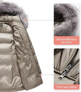 Chaqueta acolchada roja para mujer con capucha con ribete de piel, abrigo largo de invierno, manga larga, parka gruesa y cálida - Product Image 4