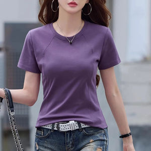 Camiseta morada de manga corta para mujer, novedad de verano, de algodón de alta gama, a la moda, talla grande, cuello redondo, holgada, informal, con diseño de espina de pescado. - Product Image 1