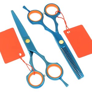 Tijeras Profesionales para Adelgazar el Cabello, Acero Inoxidable, Punta Redonda, Dientes Personalizados, para Diestros, Mango Largo, Plástico Naranja y Azul - Product Image 2