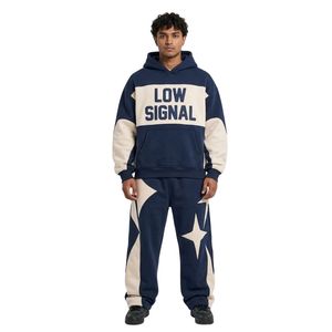 Survêtement personnalisé pour homme, épais et chaud, en molleton de coton avec impression en relief, à manches étoilées, comprenant un sweat à capuche et un pantalon de survêtement, Noir et Violet, style streetwear - Product Image 6