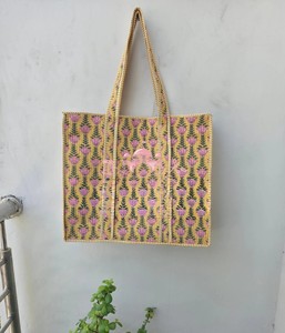 Handmade Jaipuri Block Print Cotton Zipper Bohemian Style Floral Printed Women's Indian Traditional High Quality <b>Beach</b> Tote Bag - Product Image 1