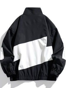 Men's <b>White</b> Navy Color Blocking Racer <b>Jacket</b> Windproof Zipper Closure Sporty Hooded Collar Canvas Front Polyester Autumn Wear - Product Image 6