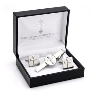 Boutons de manchette et pinces à cravate personnalisés en alliage de zinc fin, motif croix religieuse, cadeau d'affaires - Product Image 1