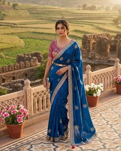 Sari de créateur Fendy en satin de soie brodé de sequins, avec travail Aari contrastant, entièrement cousu, pour mariage et soirée - Product Image 1