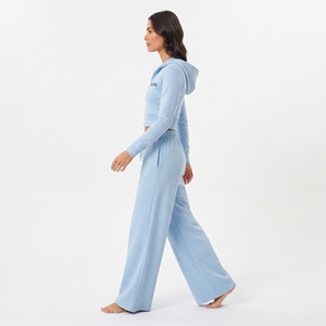 Conjunto Deportivo de Dos Piezas para Mujer, Sudadera Corta Azul Claro y Pantalones Anchos, Cierre Frontal con Cremallera, Manga Larga, Color Sólido - Product Image 4