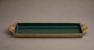 Plateau rectangulaire moderne en métal émaillé vert forêt avec poignées en forme d'éventail doré, plateau de service décoratif pour table basse ou coiffeuse - Product Image 4