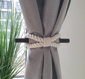 White Cotton Rope Curtain <b>Tieback</b> with Wenge Wood Pin – Rustic Boho Farmhouse Decor - Product Image 2
