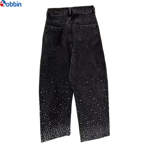 Jeans pour femmes vintage, ornés de strass brillants, style streetwear, nouvelle mode, taille haute, délavé rétro, coupe ample, avec strass thermocollés - Product Image 2