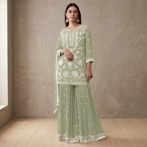 Kurti brodé élégant avec pantalon palazzo, tenue ethnique traditionnelle pour femmes, coupe ample, longueur au sol, Inde, Pakistan - Product Image 5