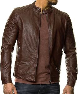 <b>Men's</b> Brown Real <b>Leather</b> Moto <b>Jacket</b> Stand Collar Zipper Closure Slim Fit Custom Biker <b>Jacket</b> - Product Image 3
