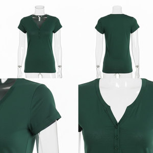 Camiseta de Mujer, Cuello Redondo, Manga Corta, Felpa, 100% Algodón, Corte Regular, Casual, Cierre de Botones, Color Sólido, Protección UV - Product Image 4