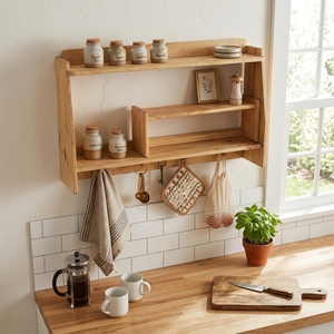 Étagère murale en bois asymétrique à niveaux, présentoir avec crochets de suspension inférieurs, organisateur flottant pour entrée et cuisine - Product Image 5