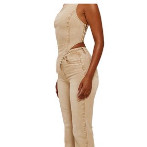 Jeans en denim beige de haute qualité, coupe slim taille haute, style chic minimaliste urbain, mode féminine, vente en gros, fourniture OEM ODM - Product Image 3