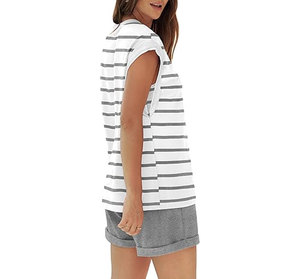Conjunto de Top sin Mangas a Rayas para Mujer con Pantalones Cortos Grises, Estilo Casual Holgado, Cuello Redondo, Tejido de Algodón, Atuendo de Verano - Product Image 2