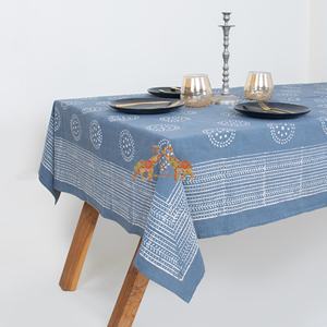 Blue Dabu Floral Print Hand Block Printed Pure Cotton Rectangle <b>Tablecloth</b> Indian Farmhouse Wedding <b>Round</b> <b>Table</b> Cover - Product Image 6