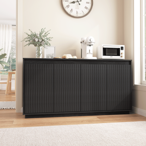 4-Door <b>Black</b> Wood <b>Sideboard</b> Buffet Cabinet with Power Outlet Wavy Vertical Texture Accent No Handle Design - Product Image 4