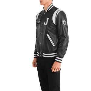 Chaqueta Bomber de Cuero Sintético PU Negra para Hombre con Cuello Alto, Bloques de Color y Botones a Presión - Product Image 1