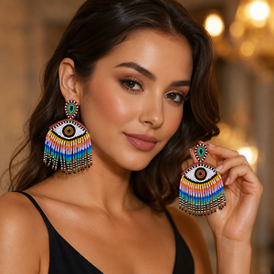 Pendientes colgantes de cuentas de semilla con ojo turco coloridos para mujer, hechos a mano, con borlas, pendientes llamativos, joyería de moda al por mayor - Product Image 3