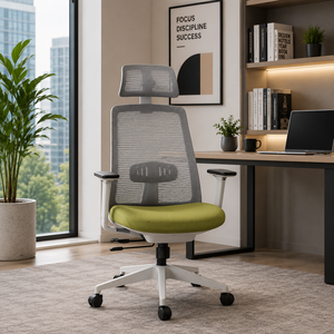 Chaise de bureau ergonomique en maille avec appui-tête et accoudoirs réglables, dossier ouvert, base pivotante en plastique, design contemporain - Product Image 1