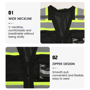 Chaleco de Seguridad de Alta Visibilidad, Negro, Poliéster, Franjas Reflectantes, Cierre Frontal, Múltiples Bolsillos, Unisex, Ropa de Trabajo - Product Image 3