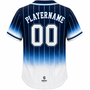 Maillot de baseball SINEWY SPORTS, sublimé, rayé, dégradé bleu et blanc, anti-transpiration, unisexe adulte, manches courtes, boutons sur le devant - Product Image 2