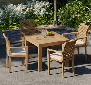 Moderno Juego de Mesa de Comedor Cuadrada de Madera de Teca Sólida para Exteriores, 4 Plazas, con Sillas con Brazos y Cojines, Muebles Naturales para Jardín o Patio - Product Image 1