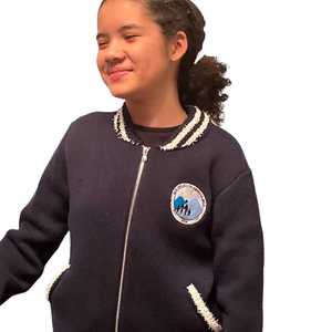 Jack and Jill Navy Blue Knit Bomber <b>Jacket</b> Women <b>Zip</b> <b>Up</b> Varsity Style Casual Fashion Boutique Outerwear Coat - Product Image 3