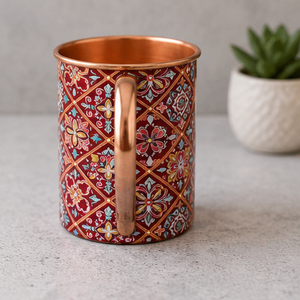 Taza de Cobre con Diseño Floral Oriental, Asa con Patrón Rojo y Dorado, Vajilla Ecológica para el Hogar, Hecha a Mano, Patrón Rojo Premium - Product Image 1