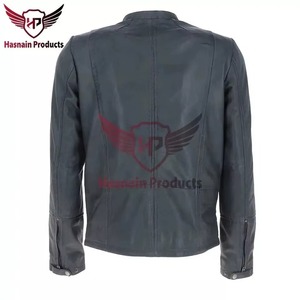 Chaqueta de Cuero Azul Auténtico para Hombre, Corte Ajustado, Estilo Café Racer, Motociclista, Piel de Vacuno, Cuello sin Solapa, Personalizada, Clásica, Cálida para Invierno - Product Image 3