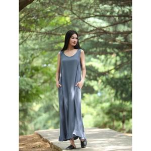 Vestido largo de lino y algodón para mujer, cuello en U, sin mangas, corte holgado, informal, cómodo, para verano y playa - Product Image 5