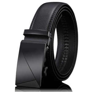 Ceinture automatique en cuir véritable noir, boucle géométrique solide en cuir de vachette, moulage monobloc formel, durable, largeur 1 3/8 pouces - Product Image 1