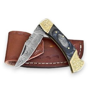 Cuchillos Plegables Hechos a Mano de Acero de Damasco con Mango de Madera, Empuñadura Metálica Grabada y Funda de Cuero para Caza - Product Image 4