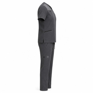 Ensemble de blouses médicales DRAVELLE pour femmes, col en V, manches courtes, uniforme d'hôpital avec poches, pantalon et haut gris foncé - Product Image 4